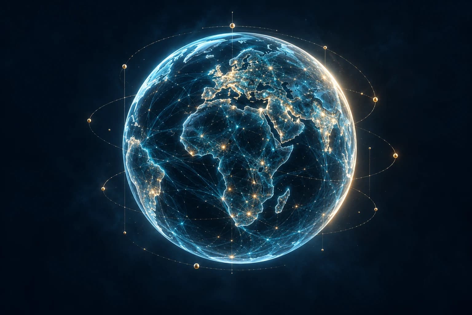 Globe sculptural en verre bleu, parcouru de filaments cyan et de points dorés : illustration conceptuelle de la collecte mondiale