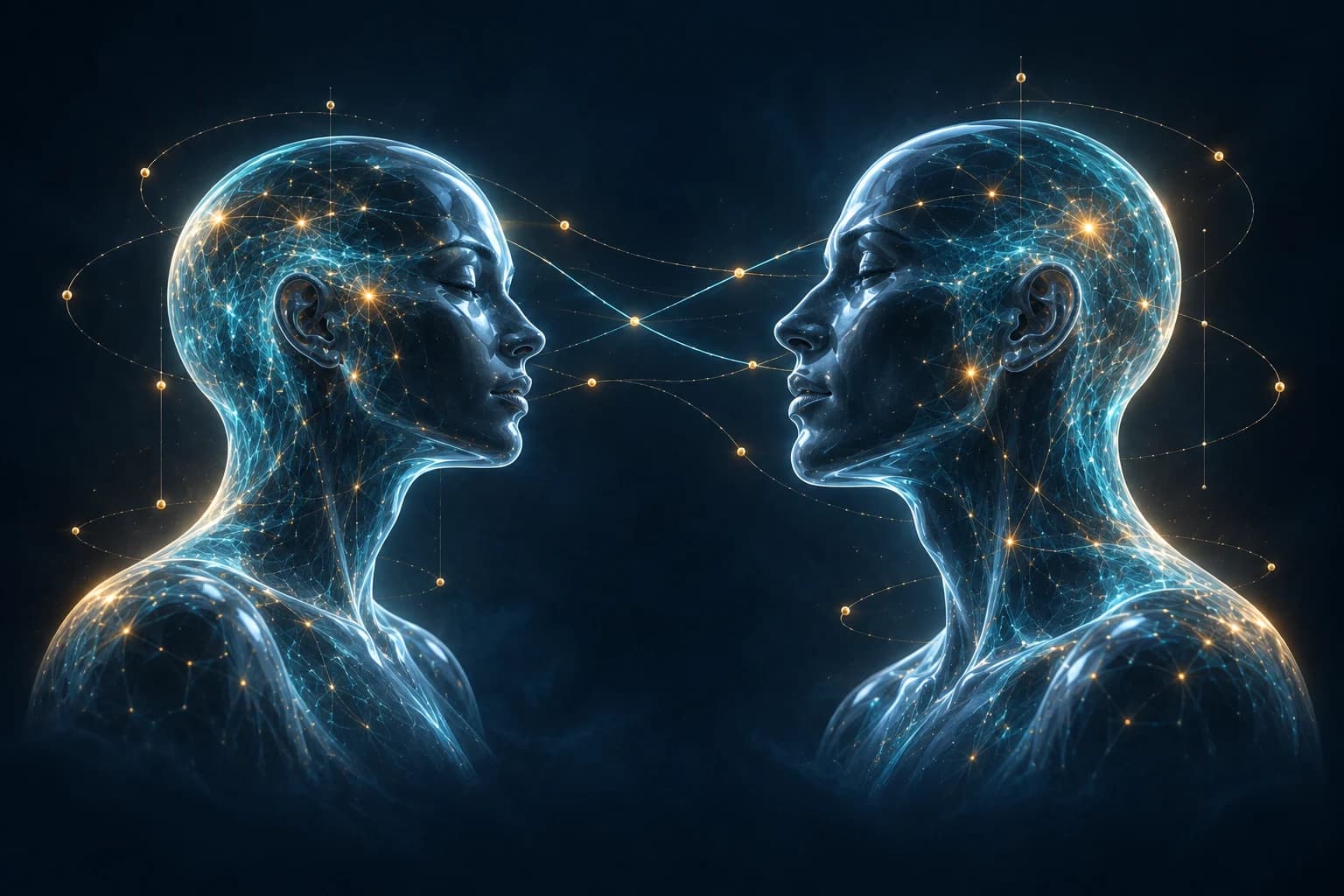 Deux profils sculpturaux en verre bleu face à face : illustration des entretiens et des regards croisés