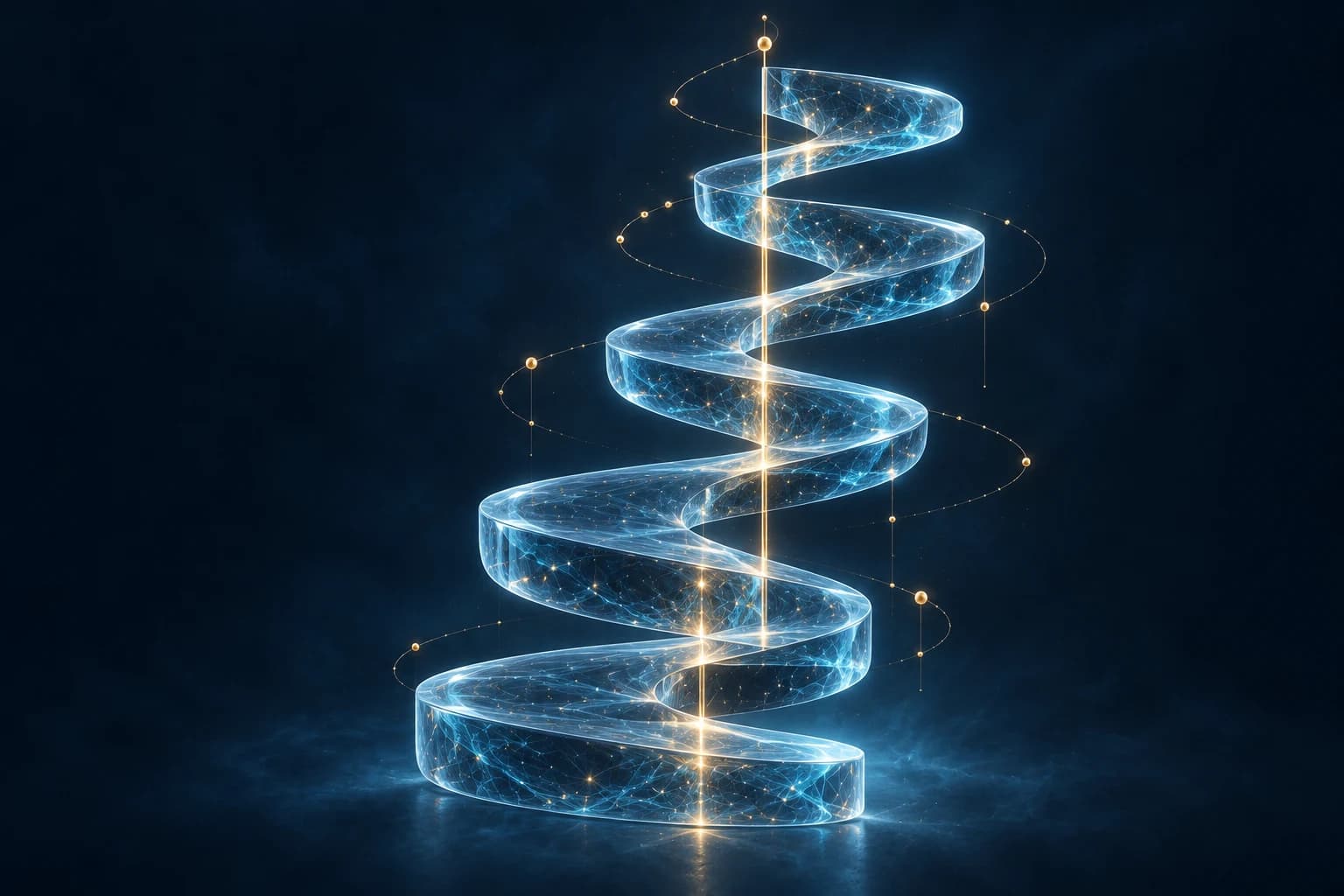 Spirale ascendante de verre bleu éclairée de points dorés : illustration d’un apprentissage progressif