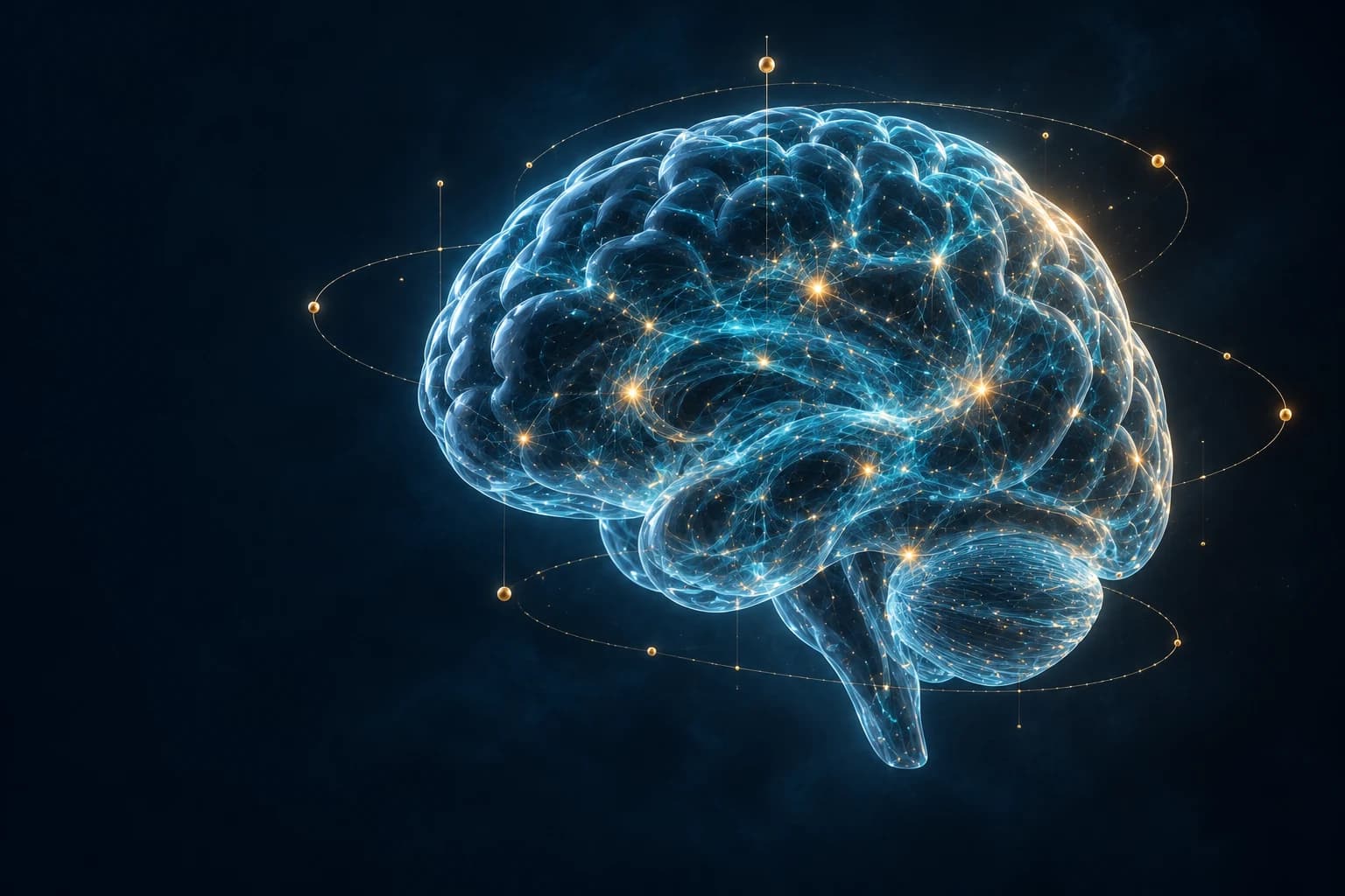 Cerveau sculptural en verre bleu aux connexions cyan et or : illustration conceptuelle de la recherche vidéo